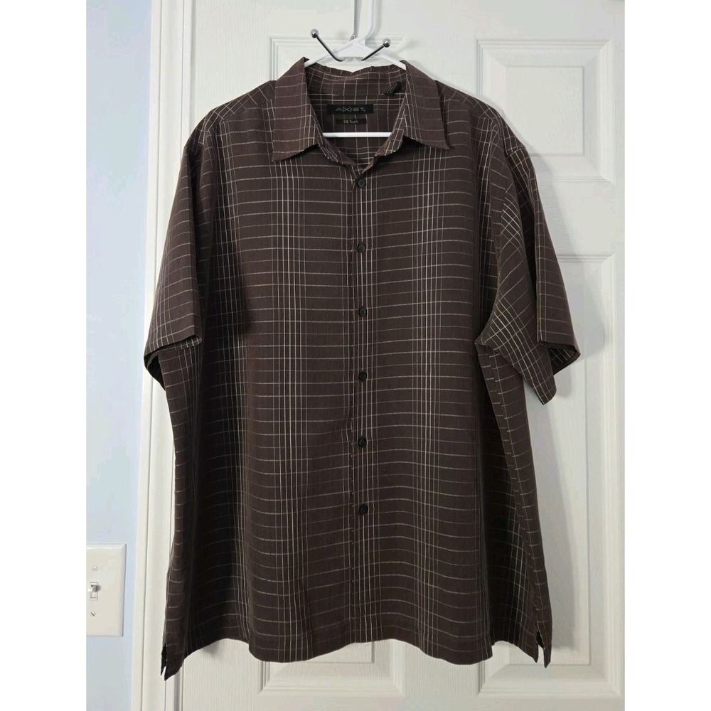 Mens Axist Silk Touch Brown Plaid Shirt Short Sleeve Button‎ Up Modal Blend XL